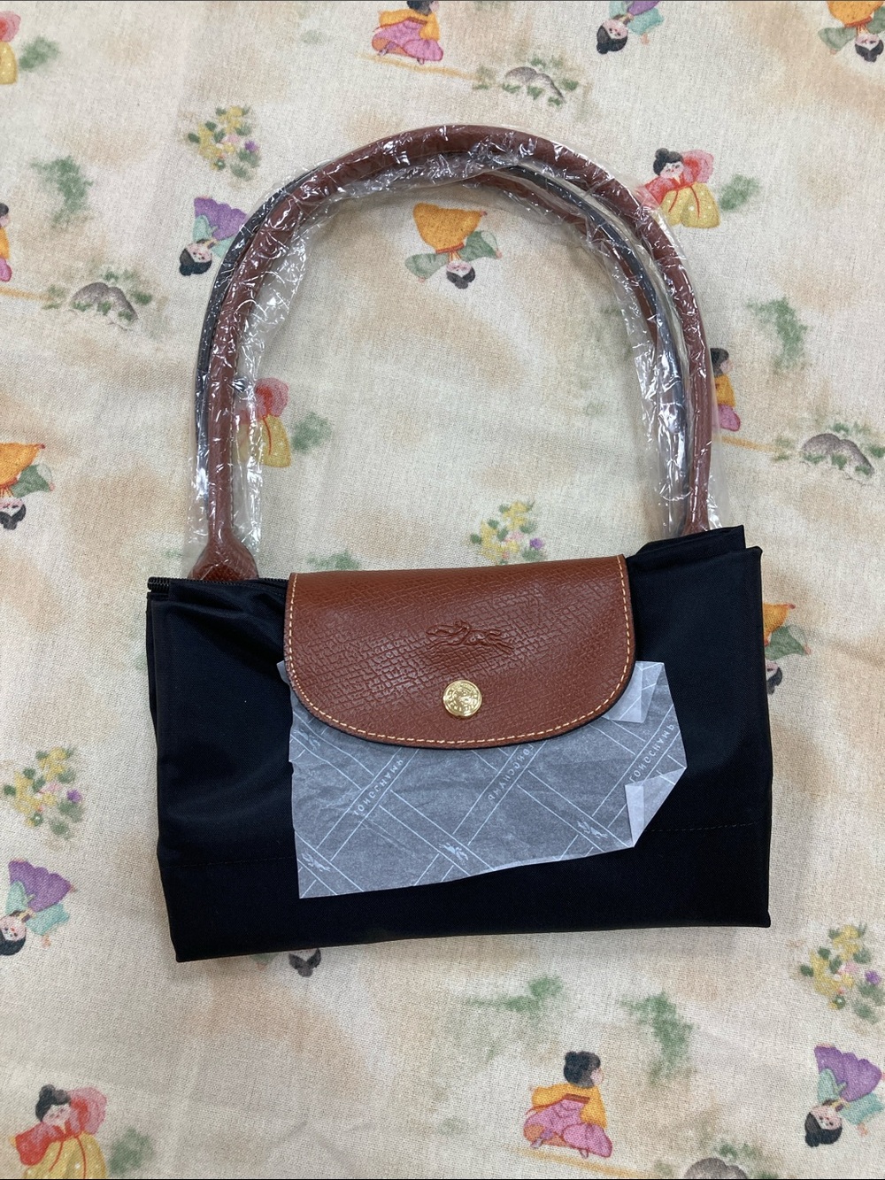 Longchamp Black Nylon Shoulder Bag with Brown Leather Trim